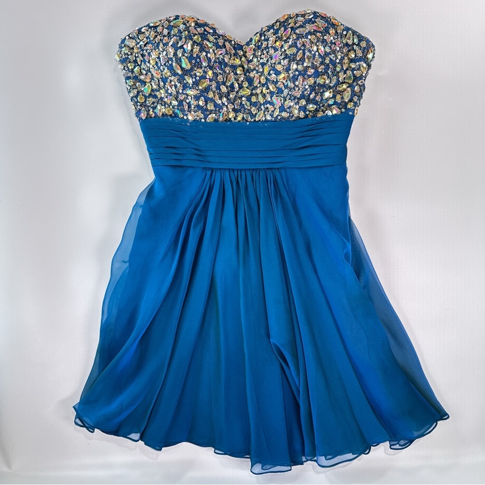 La Femme Blue Beaded Chiffon Strapless Prom Dress Womens 2 Formal Evening - Picture 2 of 12